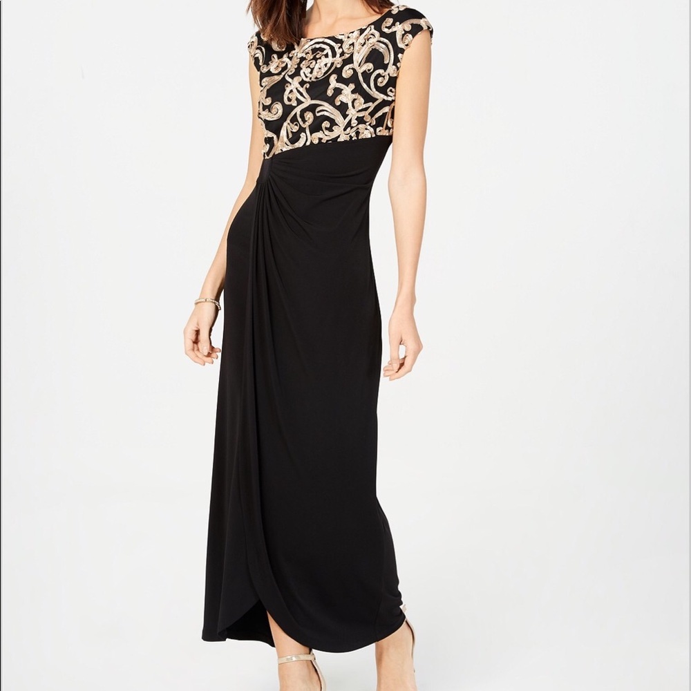New Connected Black Gold Soutache Faux-Wrap Gown